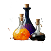 Colorful magic potions for Halloween decoration on a transparent background with autumn elements, Magic potions halloween decoration on transparent background png