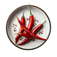 Fresh cayenne peppers arranged on a plain plate surrounded by colorful peppercorns against a transparent background, Cayenne pepper in a plate isolated on transparent background png