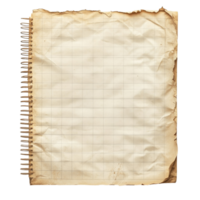 A vintage sheet of gridlined notebook paper with a worn, aged appearance ready for sketches or notes, old a sheet of notebook paper with grid lines on transparent backgroundfile png