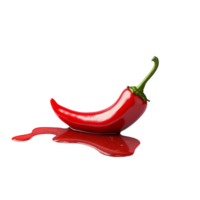 Chili pepper with vibrant red sauce oozing from a cut, resting on a clean surface with scattered seeds nearby, Chili Sauce Leaking From a Chili Pepper Cut Stock Photo png