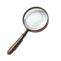 Vintage retro style magnifying glass lens with a brass handle resting on a transparent background, perfect for collectors, Vintage Retro Style Magnifying Glass Lens transparent background png