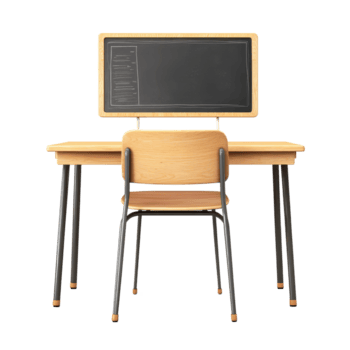 Modern study desk and chalkboard set designed for educational spaces, isolated on a transparent background, Study Desk and Board Set Isolated on transparent background png