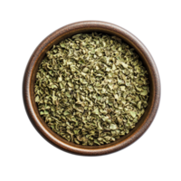 Dried oregano spice in a wooden bowl on a clean transparent background ready for culinary use, Oregano spice in a bowl on transparent background png