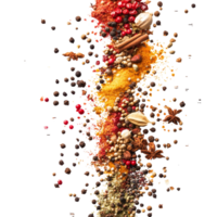 Colorful spices gracefully float in the air against a transparent background during a culinary showcase, Various colorful of spices floating on the air isolated on transparent background or png