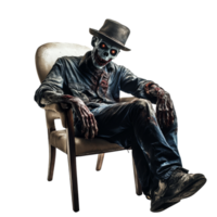 A terrifying zombie in a hat sits ominously in an old chair, exuding a chilling atmosphere, Scary zombie wearing hat and sitting in a chair on transparent background png