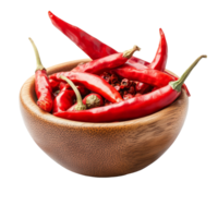 Cayenne peppers in a wooden bowl on a transparent background showcasing vibrant colors and natural textures, Cayenne pepper in wood bowl on transparent background png