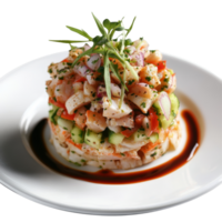 Gourmet crab salad layered with fresh vegetables and herbs served on a transparent plate against a clean background, Isolated portion of gourmet crab salad png