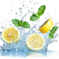 Fresh lemon slices and mint leaves splashing in water, creating a refreshing and vibrant scene, Lemon and fresh mint leaves splashing with water png