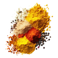 Aromatic spice powders including turmeric, paprika, and black pepper on a transparent background, Aromatic spices seasonings powder isolated on transparent background png