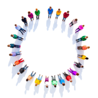 A vibrant circle of diverse individuals dressed in colorful attire standing on a transparent background, showcasing unity and community spirit, Colorful Diversity Circle of People on transparent png