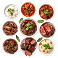Delicious variety of beef dishes served in bowls with rice and mashed potatoes on a transparent background, Various beef dish isolated on transparent background png
