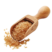 Brown sugar in a wooden scoop isolated on a transparent background for baking and cooking needs, brown sugar in wood scoop isolated on transparent background png