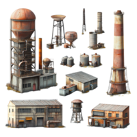 Local power plant elements including cooling towers, storage tanks, and processing units in an industrial, Several elements and units that make up a local power station isolated on transparent png