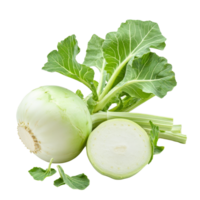 Fresh kohlrabi with vibrant green leaves displayed on a clean transparent background for culinary use, Fresh kohlrabi with green leaves on transparent background png