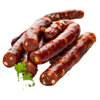 Delicious Chinese sausage displayed on a clean transparent background, highlighting its rich color and texture ideal for culinary uses, chinese sausage on transparent backgroundfile png