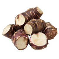 Fresh taro root displayed on a clean transparent background, showcasing its unique texture and layered colors in detail, taro root on transparent background png