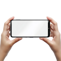 Horizontal mockup of a smartphone held in hands showcasing a blank screen for design or app presentation, Mobile phone display mockup, horizontal smartphone screen in hands, isolated on transparent png