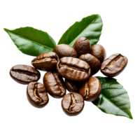 Fresh coffee beans with vibrant green leaves arranged on a bright transparent background for an appealing aesthetic, coffee beans with leaves isolated on transparent background png