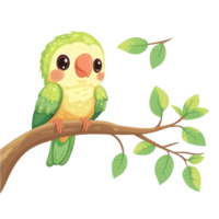 A cute baby parrot perched on a branch surrounded by green leaves against a transparent background in a vibrant and playful setting, Cute baby parrot on tree branch transparent background png