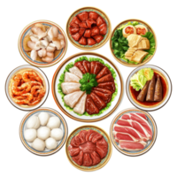 A delightful arrangement of peking duck and assorted delicacies served on ornate plates, perfect for an upscale dining experience, top view delicious peking duck food plate on a transparent background png
