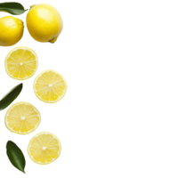 Fresh yellow lime slices on a transparent background with whole limes and green leaves captured in natural light, yellow lime on transparent background png