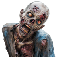 A terrifying zombie stands alone against a transparent background, showcasing its grotesque features and haunting expression, Scary Zombie isolates on transparent background png