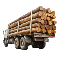 Side view of a logging truck fully loaded with freshly harvested logs in a forested area under clear blue skies, Side View of Logging Truck, Loaded with Logs, Isolated on transparent background png