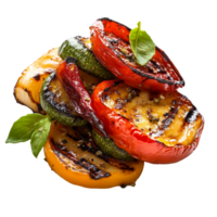 Grilled zucchini, bell peppers, and eggplant served on a plate with fresh basil leaves, Isolated portion of grilled vegetables png