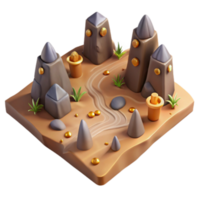 Stylized Render of a Desert Landscape with Gold Nuggets and Stone Formations png