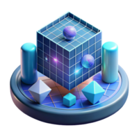 Abstract Render of Geometric Shapes Cube, Spheres, and Cylinders on Platform png