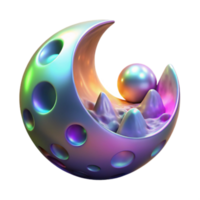 Iridescent Crescent Moon 3D Render Abstract Background with Pearl and Mountains png