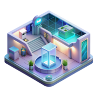 Futuristic Building Isometric Illustration Modern Architecture, Glass Display Case, Illuminated Interior png