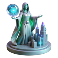 Mystic Render of a Woman in a Robe with a Crystal Ball and Cityscape png
