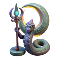 Mystical Serpent Guardian Render, Fantasy Creature with Crescent Moon and Staff png