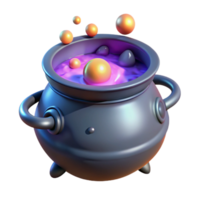 Isometric Rendered Cauldron with Purple Liquid and Floating Spheres png