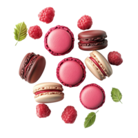 Raspberry Macarons and Fresh Raspberries Floating Against Black Background png