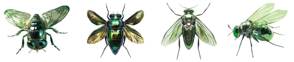 Four Metallic Green Insects Displayed Against A Black Background png