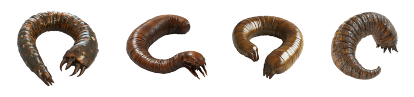 Four segmented insect larvae curl into horseshoe shapes. png