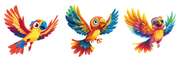 Three Vibrant Colorful Parrots in Flight png