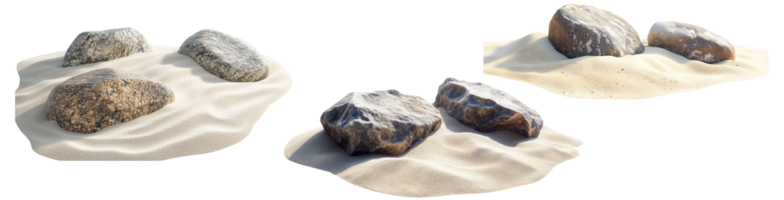 Three groups rocks rest on separate sandy patches. png
