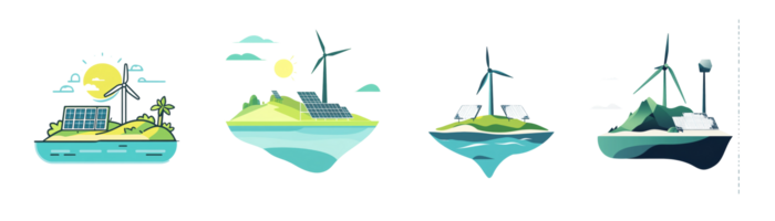 Sustainable Energy Islands Featuring Wind Turbines and Solar Panels png