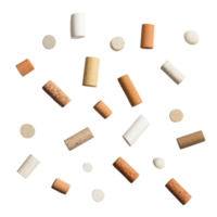Wine corks of varying shapes and colors float on black png
