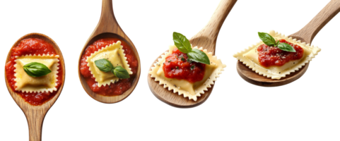 Ravioli with Tomato Sauce and Basil on Wooden Spoons png