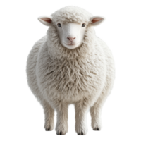 Fluffy white sheep stands peacefully in a close-up view, showcasing its soft wool coat and calm expression in a bright environment isolated on transparent background. png