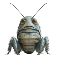 Unique close-up of an intricate cricket model showcasing detailed textures and vibrant eyes in a clean background setting isolated on transparent background. png