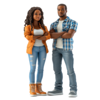 Couple stands confidently together, showcasing casual fashion styles in a friendly setting isolated on transparent background. png