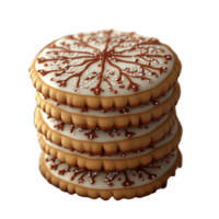 Decorative winter cookies stacked beautifully with intricate icing patterns in a cozy setting isolated on transparent background. png