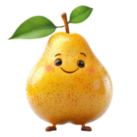 Smiling cartoon pear character with green leaves and cheerful expression in bright colors isolated on transparent background. png