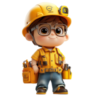 Cheerful construction worker character in bright yellow outfit with tools, ready for building tasks isolated on transparent background. png
