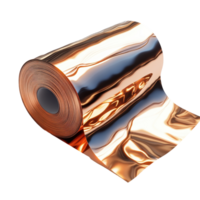 Roll of shiny copper foil on display for crafting, decoration, or industrial use in a well-lit workspace isolated on transparent background. png